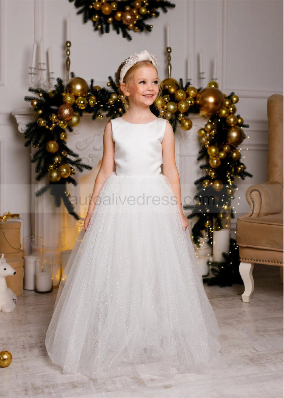 Ivory Satin Glitter Tulle Flower Girl Dress With Double Bow Ivory Satin Glitter Tulle Flower Girl Dress With Double Bow